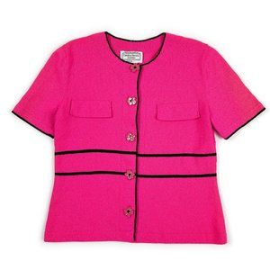 Carolina Herrera Hot Pink Short-Sleeve Knit Cardigan with Black Trim